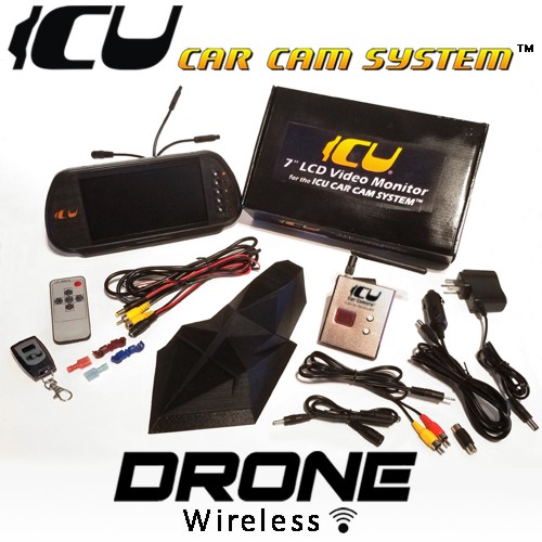 The Drone ICU Car Camera Wireless System - Completely Wireless and portable Rear View Car Camera. Includes the ICU 7" Rear View Video Monitor Kit with wire harness, remote control, and a 2M camera extension cable