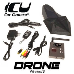 Package Contents: ICU Drone Car Camera, 5.8 GHz Wireless Video Receiver, Receiver Power Cable, Receiver Video Cable, RCA Video Adapter (female/female), Camera Power Remote Control Keychain, 12V AC Power Adapter, 12V Cigarette Lighter Power Adapter