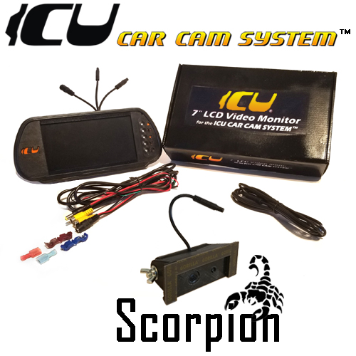 Scorpion ICU Car Camera is a Full-time DualCam REAR VIEW Driving Cam to see your blind spots when driving. this is not a backup camera. Includes the ICU 7" Rear View Video Monitor Kit with wire harness, remote control, and a 2M camera extension cable