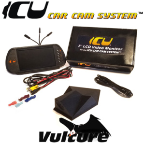 The Vulture ICU Car Camera is a Full-time REAR VIEW Driving Camera to see behind you and your blind spots when driving. This is not a backup camera. Includes the ICU 7" Rear View Video Monitor Kit with wire harness, remote control, and a 2M camera extension cable