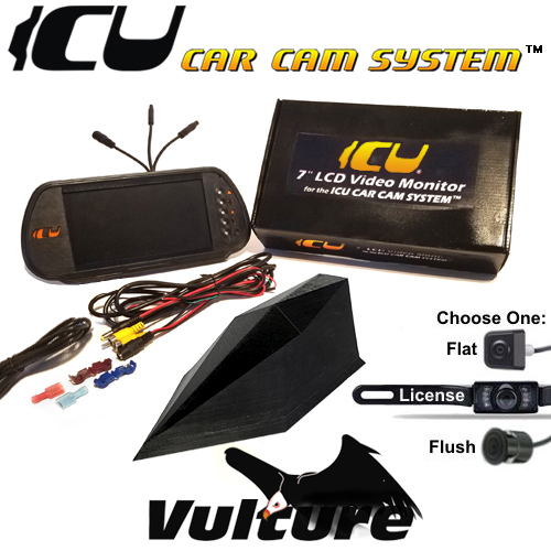 The Deluxe ICU Car Cam System includes the Vulture ICU Car Camera which is a Full-time REAR VIEW Driving Camera to see behind you and your blind spots when driving. This system includes the ICU 7" Rear View Video Monitor remote control, a 2M camera extension cable, and your choice of a backup camera.
