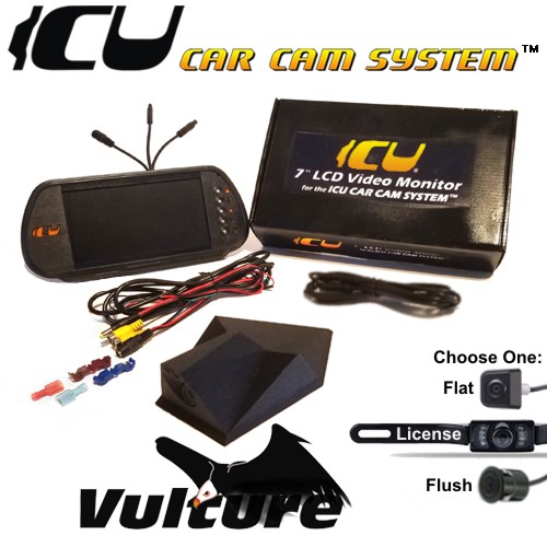 The Deluxe ICU Car Cam System includes a Vulture ICU Car Camera, your choice of backup camera, and the ICU Video Monitor