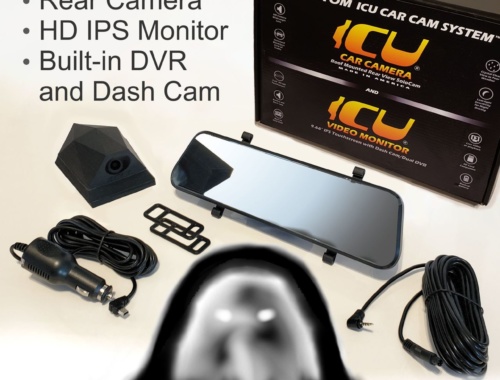 The Phantom ICU Car Camera is a Full-time REAR VIEW Driving Camera and Video monitor, this is not a backup camera! Now you can see behind you and your blind spots when driving. Includes a Phantom ICU Car Camera, the ICU 9.66" Rear View HD Touchscreen Video Monitor with built-in dashcam/dvr. cigarette lighter power adapter (3.5m), and silicone monitor mounting straps, and camera cable (6m).