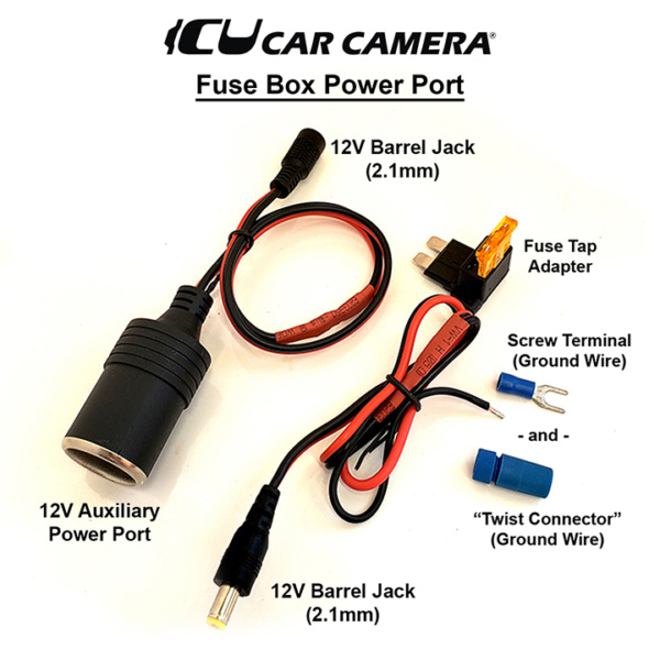 Easy installation DC Power adapter and 12V Auxiliary Power Port to vehicle fuse box and a ground screw or wire that can be used to power the ICU Car Cam System™ Video Monitors or other components that connect to 12V DC Power. Choose between 4 types.