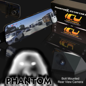 The Phantom ICU Car Camera is a Full-time REAR VIEW Driving Camera with wide-angle lens for the best view of traffic behind you and in your blind spots. This Bolt Mount rear view camera mounts to your roof or trunk for an optimal angle of traffic, far superior to a rear view mirror.