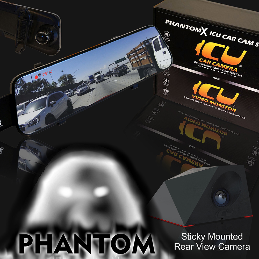 Phantom ICU Car Cam System Sticky Mount is a Full-time REAR VIEW Driving Camera with wide-angle lens for the best view of traffic behind you and in your blind spots