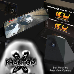 The PhantomX ICU Car Camera is our tallest Rear View Camera specially designed to see behind your big truck or van. The PhantomX mounts to the roof of your vehicle for the best view of hte road behind you and your blind spots especially if you have no rear windows or rear view mirror. Our video Mirror Monitor attaches to your rear view mirror and includes a built-in dash cam and DVR to record both rear and front cameras.