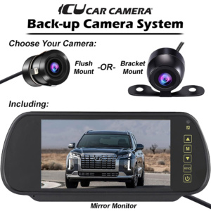 ICU Car Camera Backup Camera System. See blind spots and hard to see areas behind your vehicle with a back-up camera installed on your bumper/trunk and a video monitor attached to your rear view mirror.